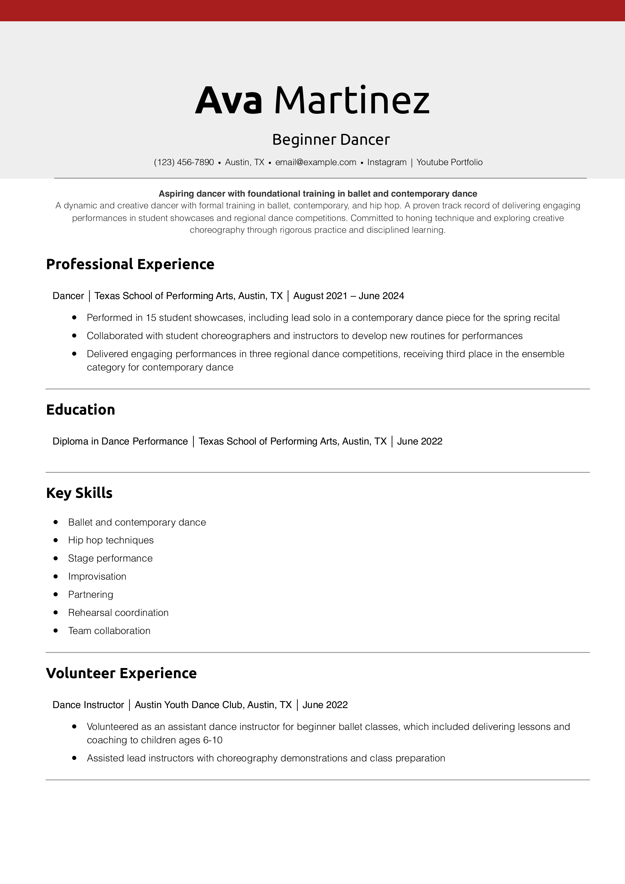 Beginner Dancer Resume Example
