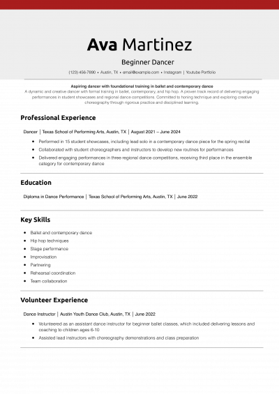 Beginner Dancer Resume Example