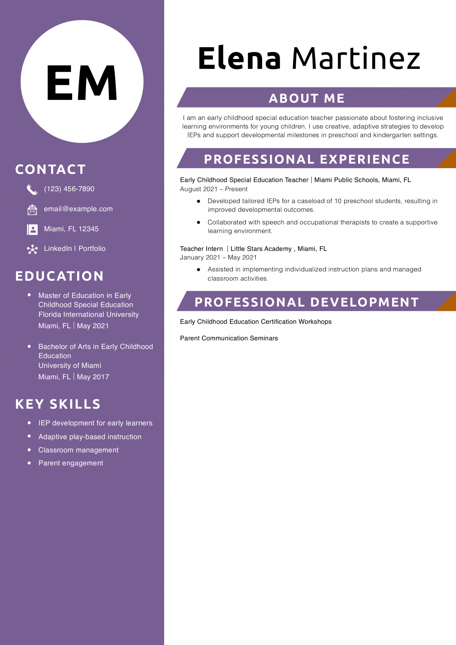 Early Childhood Special Education Teacher Resume Example