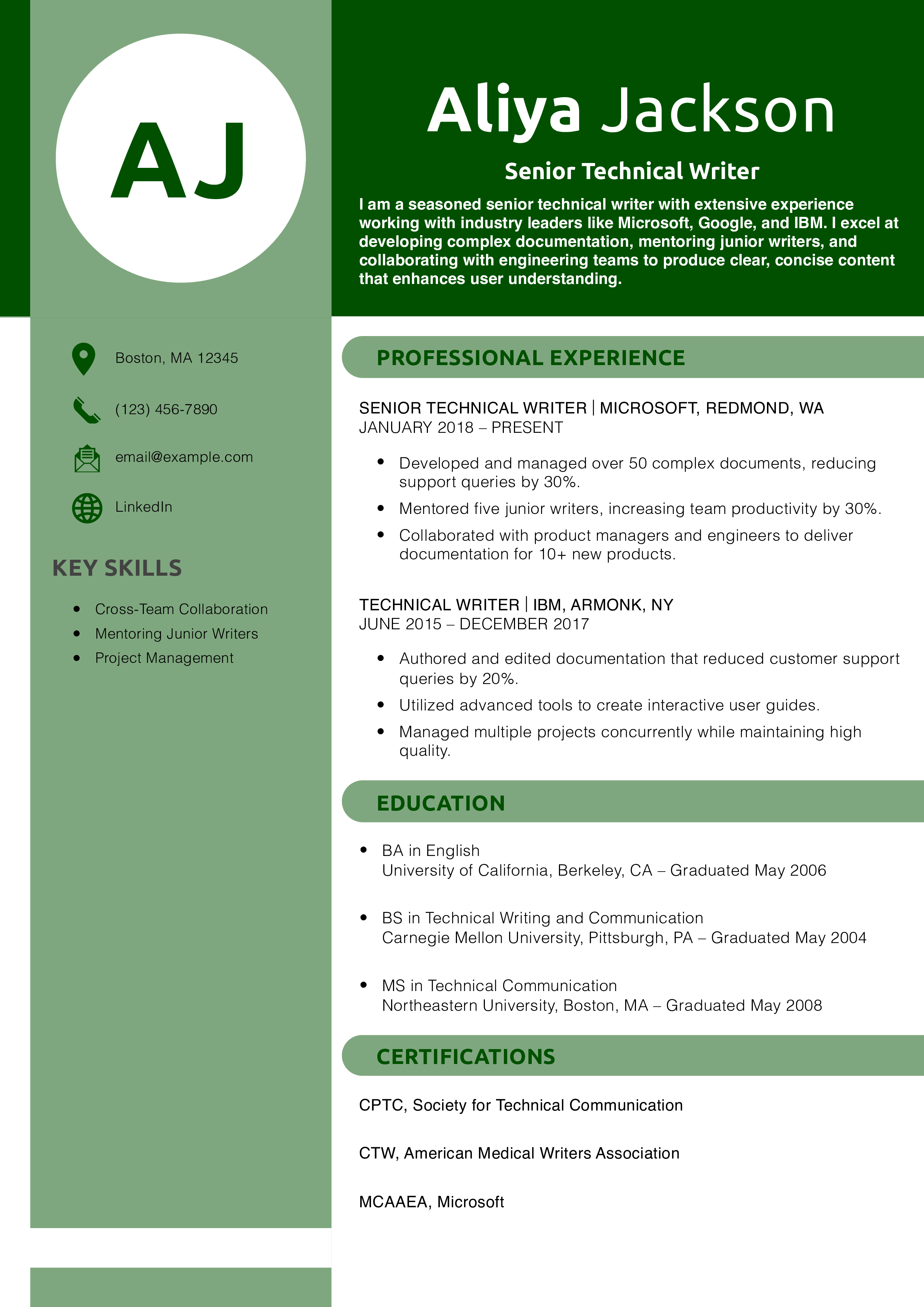 Senior Technical Writer Resume Example
