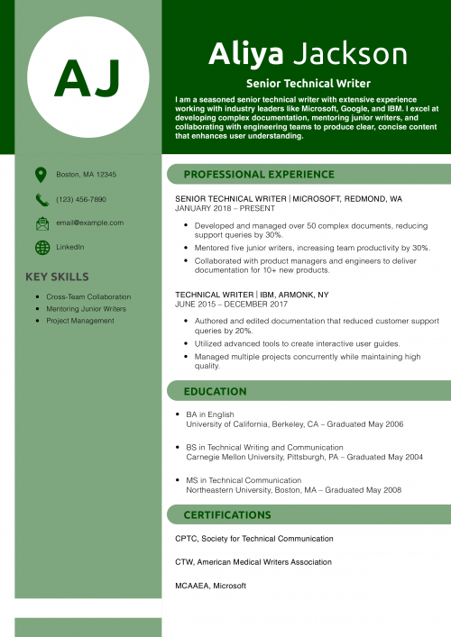 Senior Technical Writer Resume Example