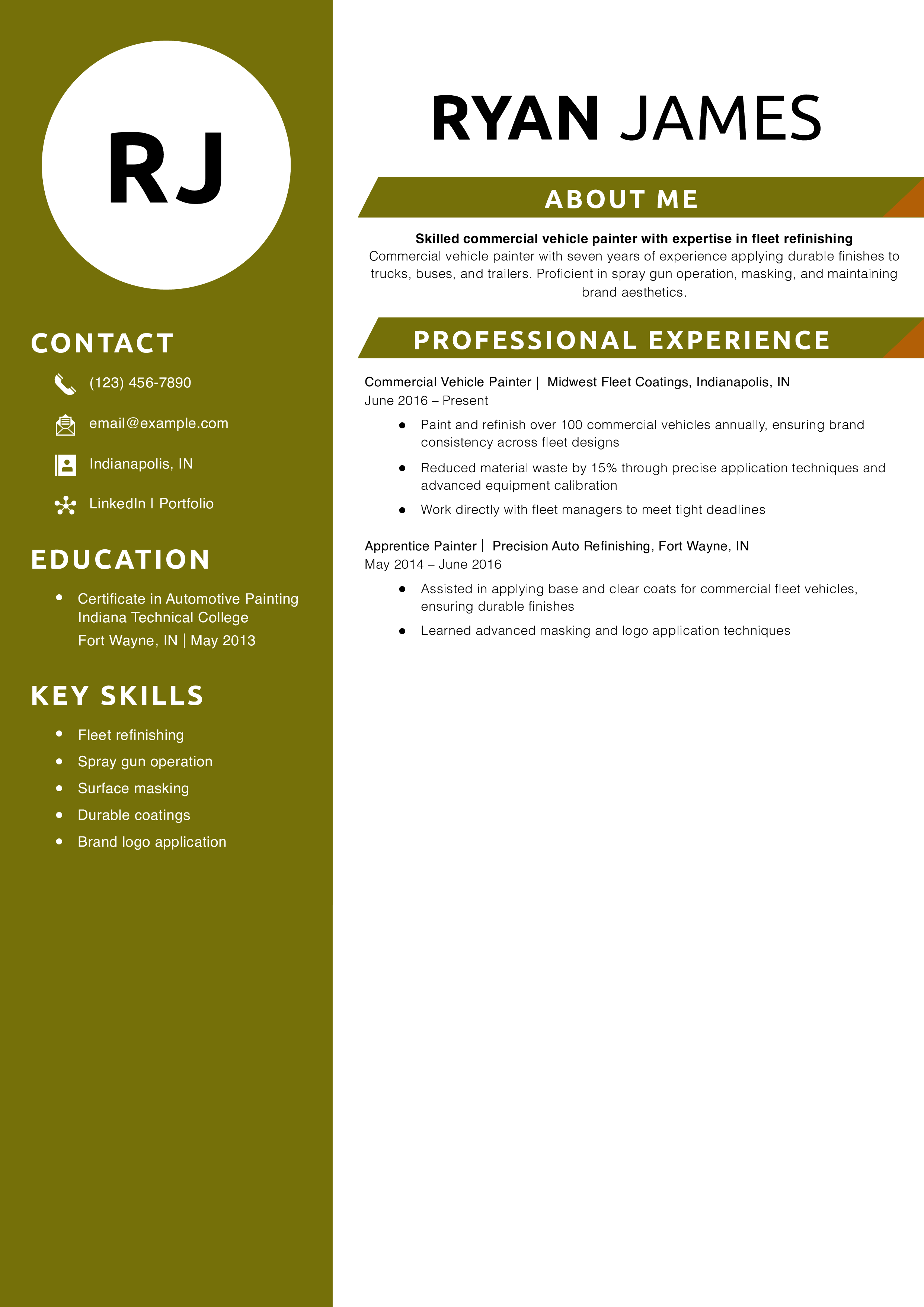 Commercial vehicle painter resume
