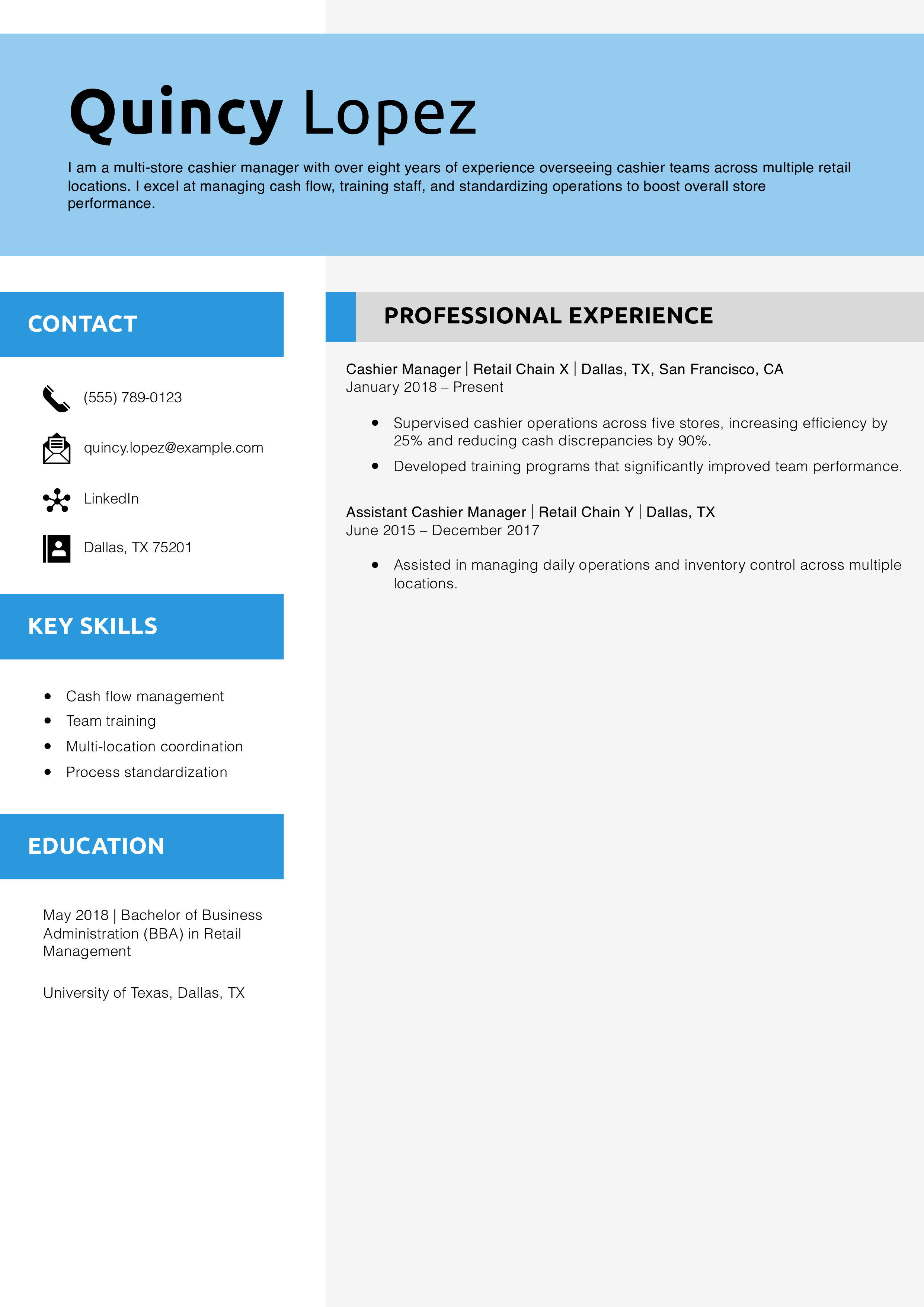 Multi-Store Cashier Manager Resume Example