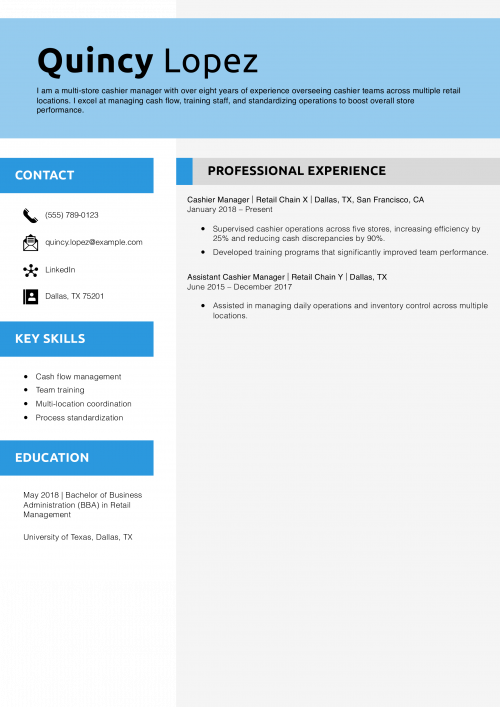Multi-Store Cashier Manager Resume Example