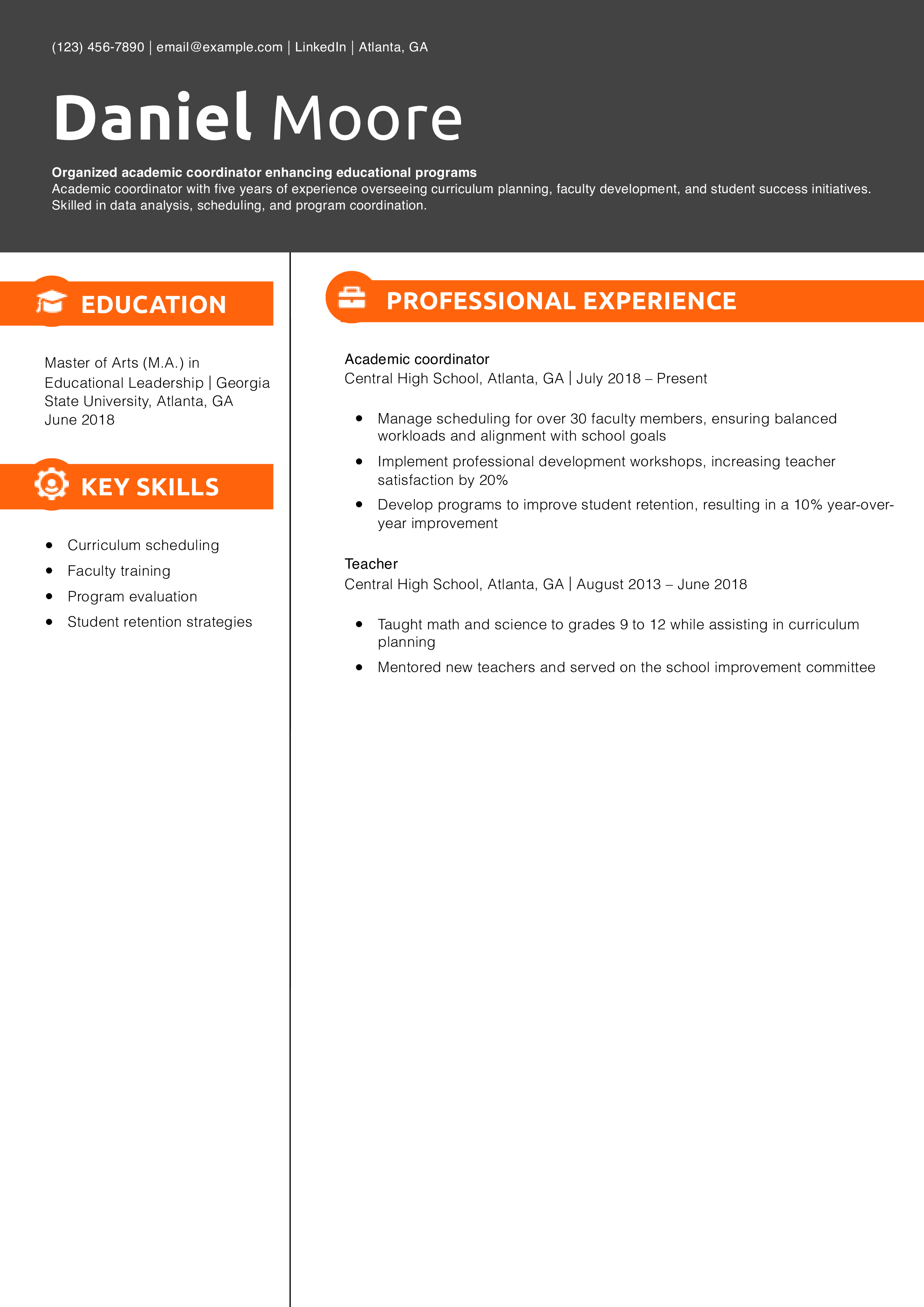 Academic coordinator resume example
