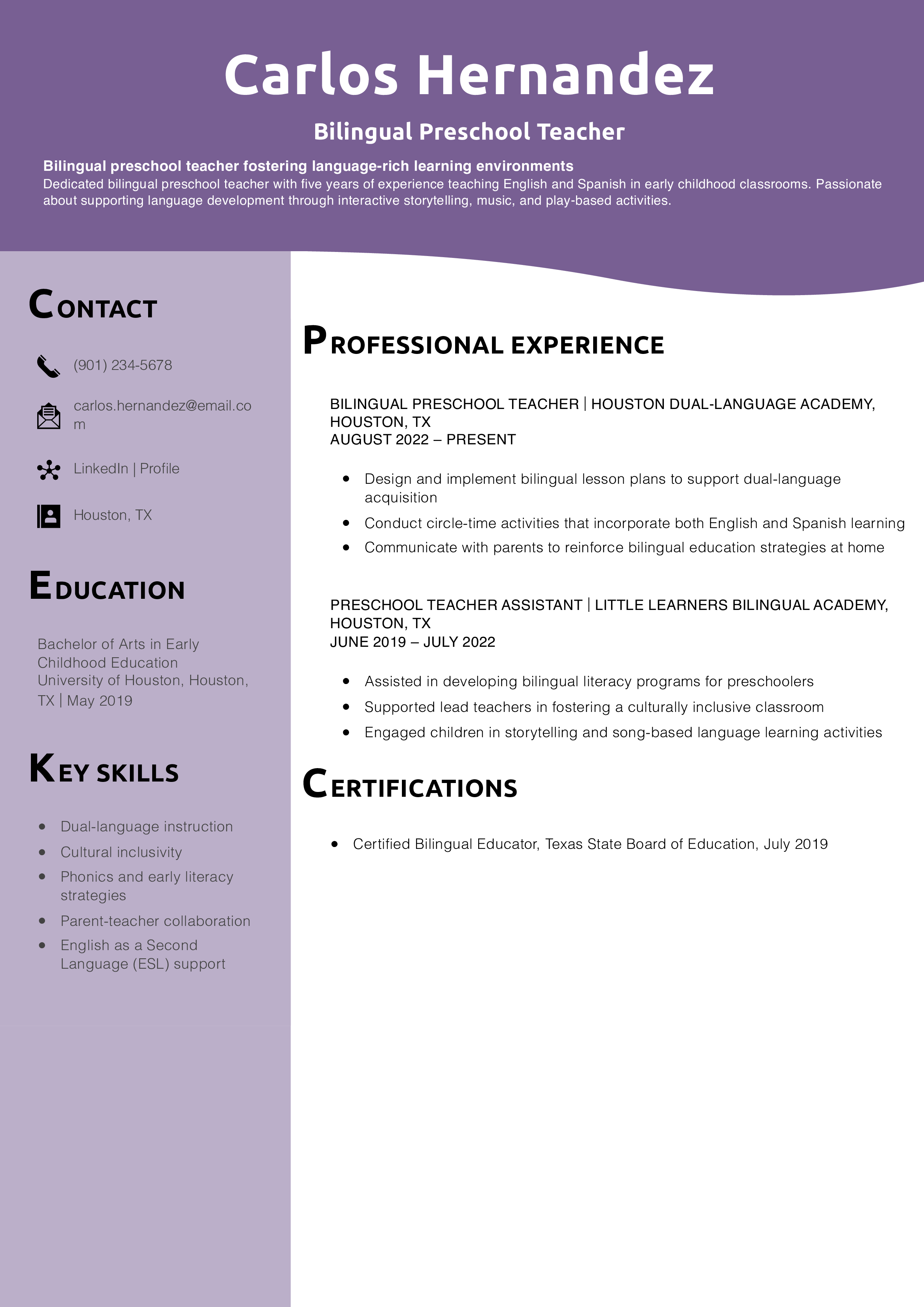 Bilingual Preschool Teacher Resume