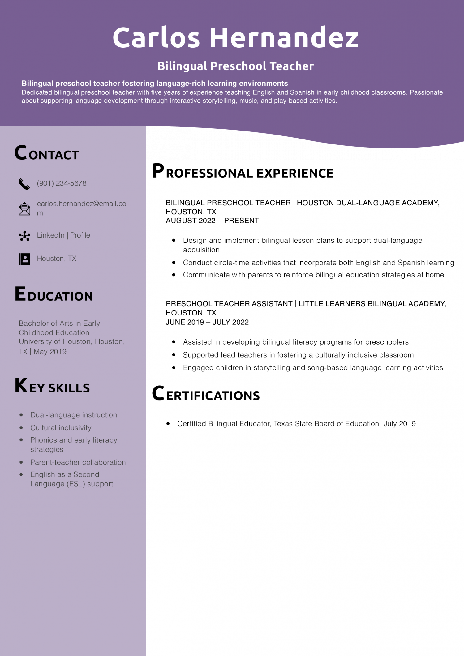 Bilingual Preschool Teacher Resume