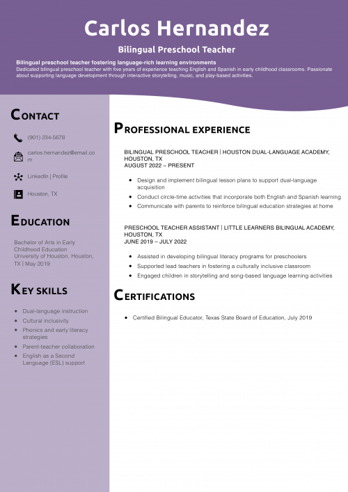 Bilingual Preschool Teacher Resume