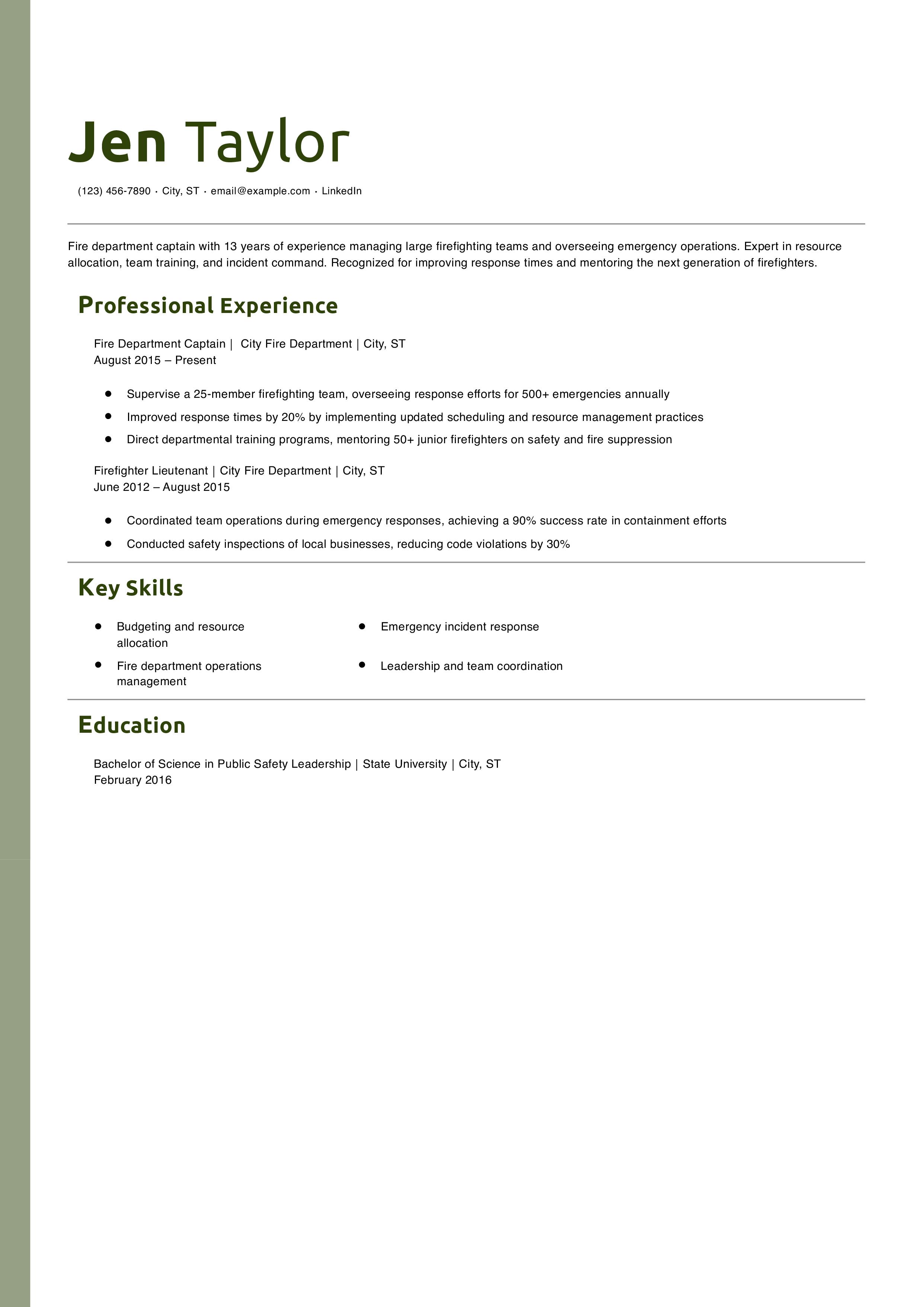 Fire Department Captain Resume