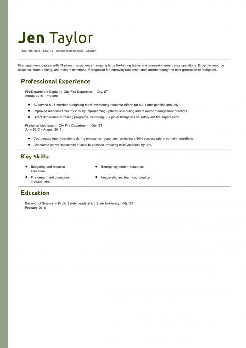 Fire Department Captain Resume