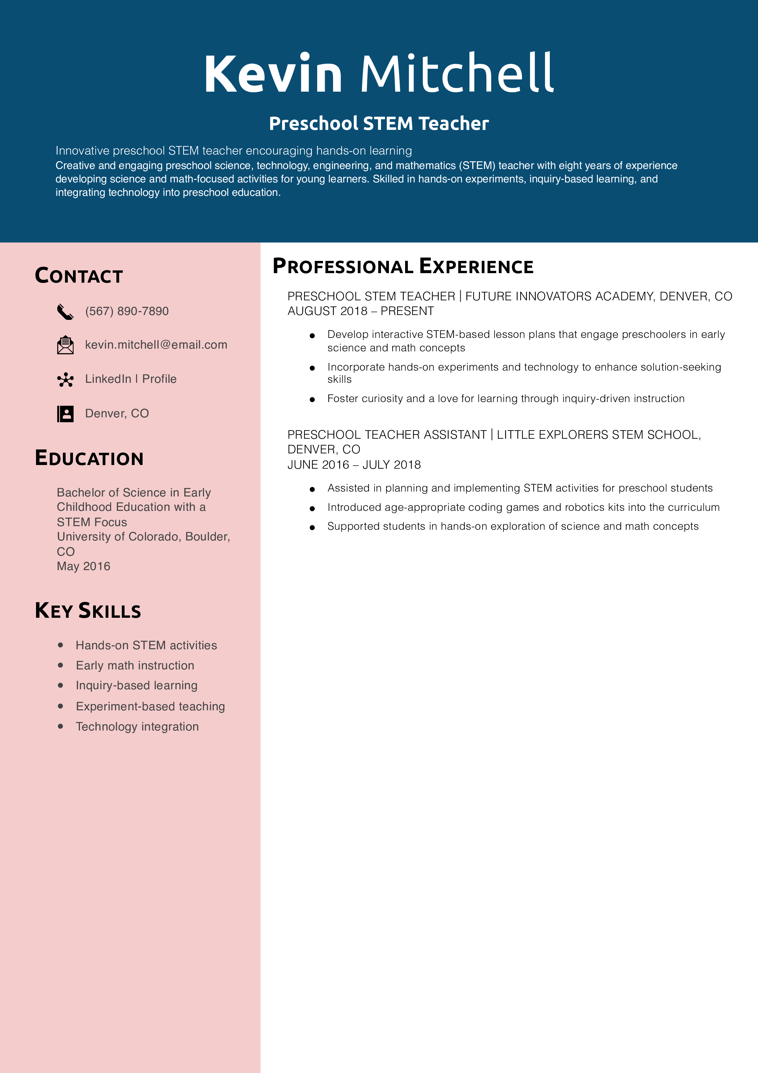 Preschool STEM Teacher Resume