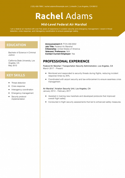 Mid-Level Federal Air Marshal Resume Example