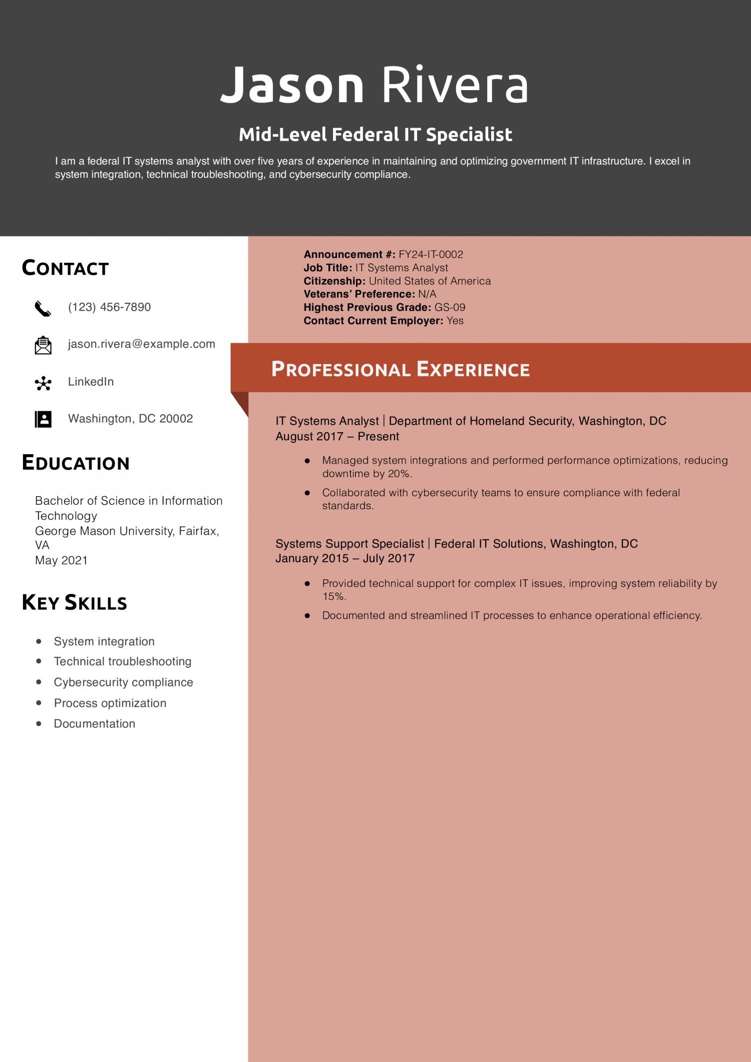 Mid-Level Federal IT Specialist Resume Example