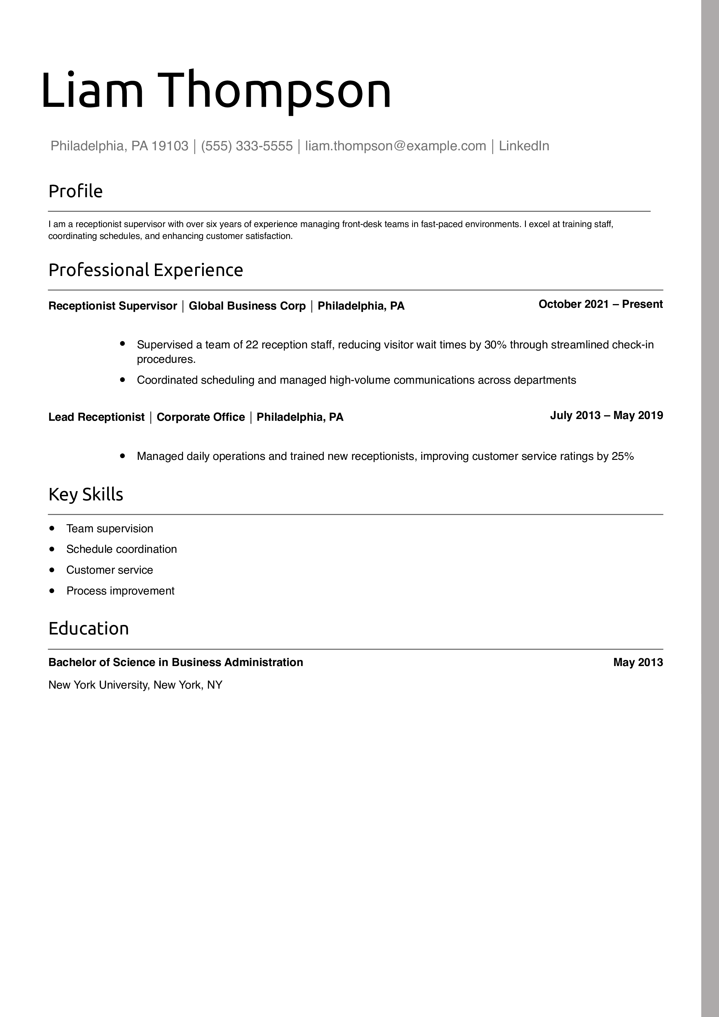 Receptionist Supervisor Resume Example
