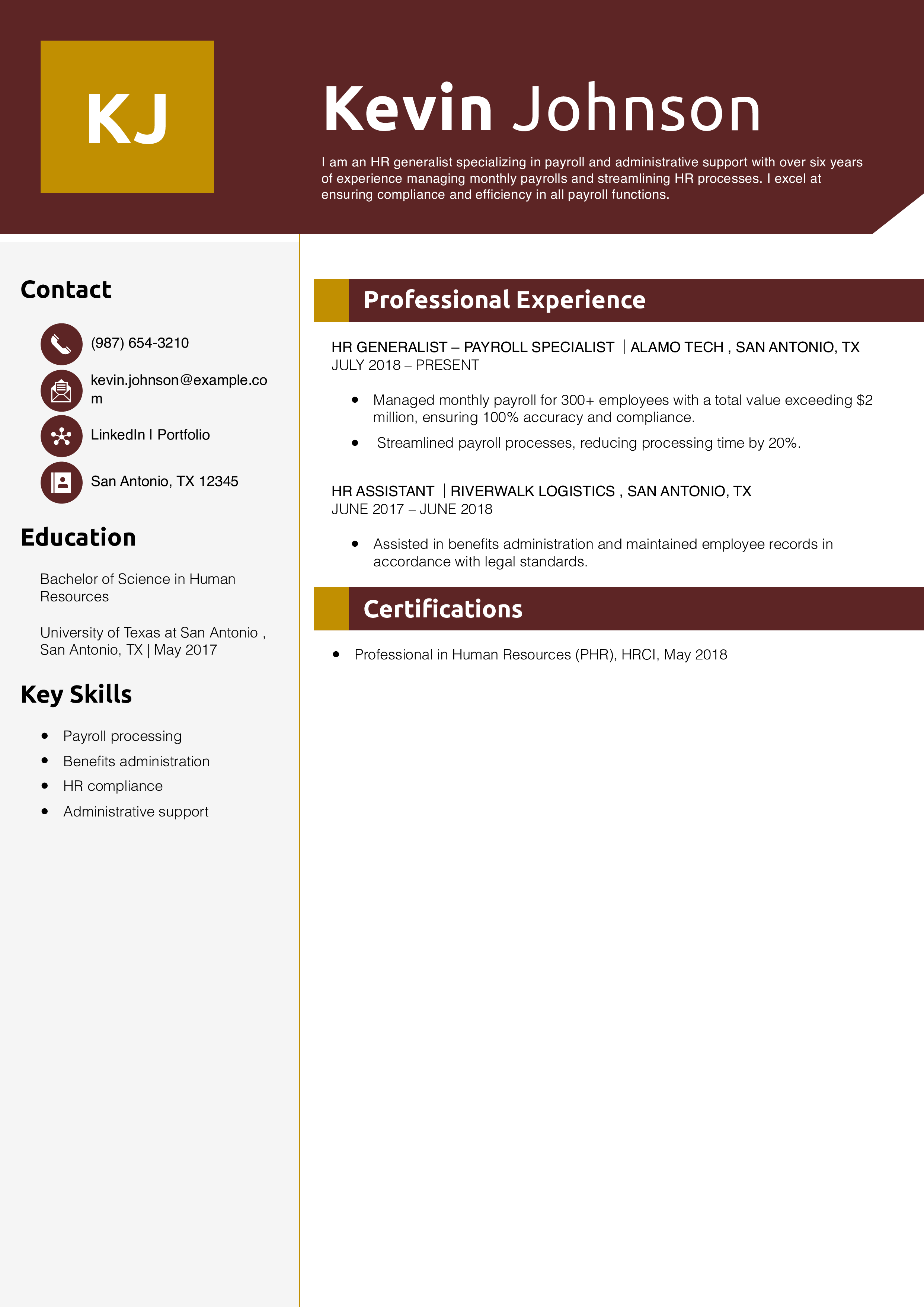 HR Generalist Payroll and Administration Resume Example