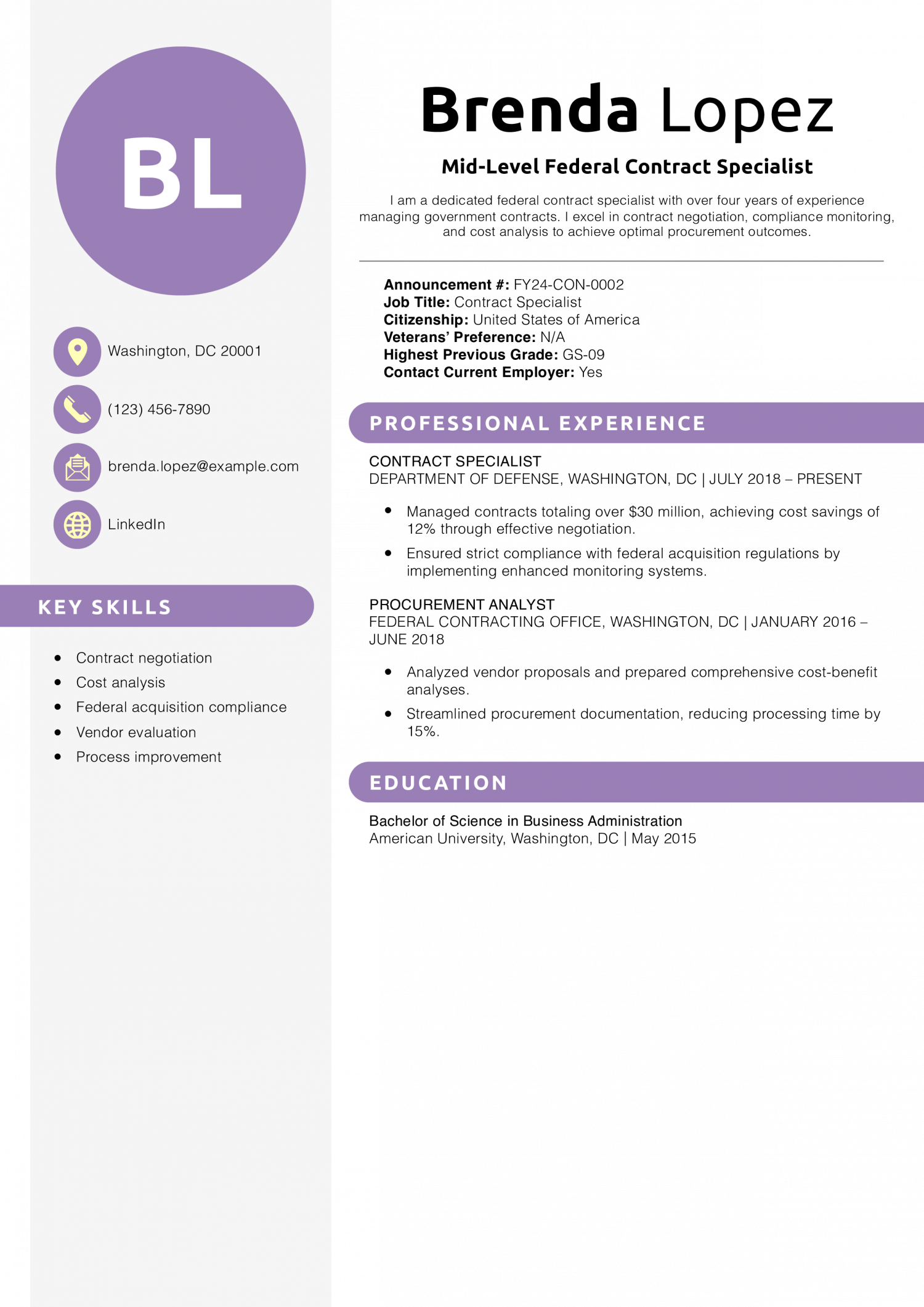 Mid-Level Federal Contract Specialist Resume Example