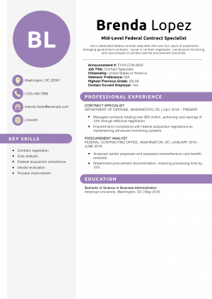 Mid-Level Federal Contract Specialist Resume Example