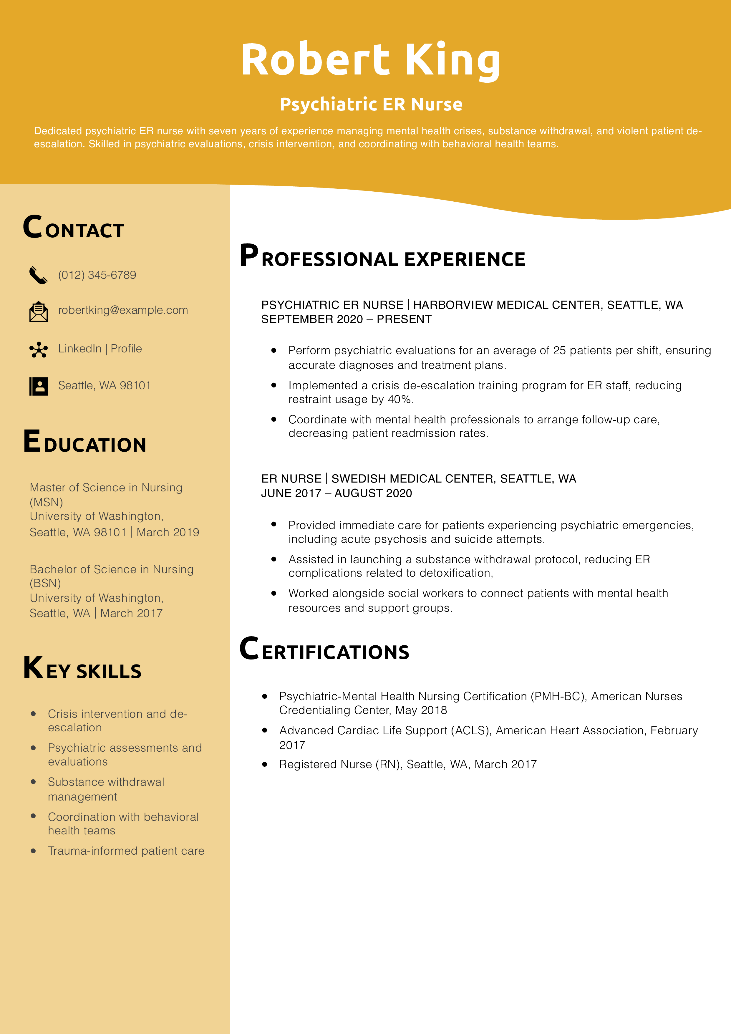 Psychiatric ER Nurse Resume Example