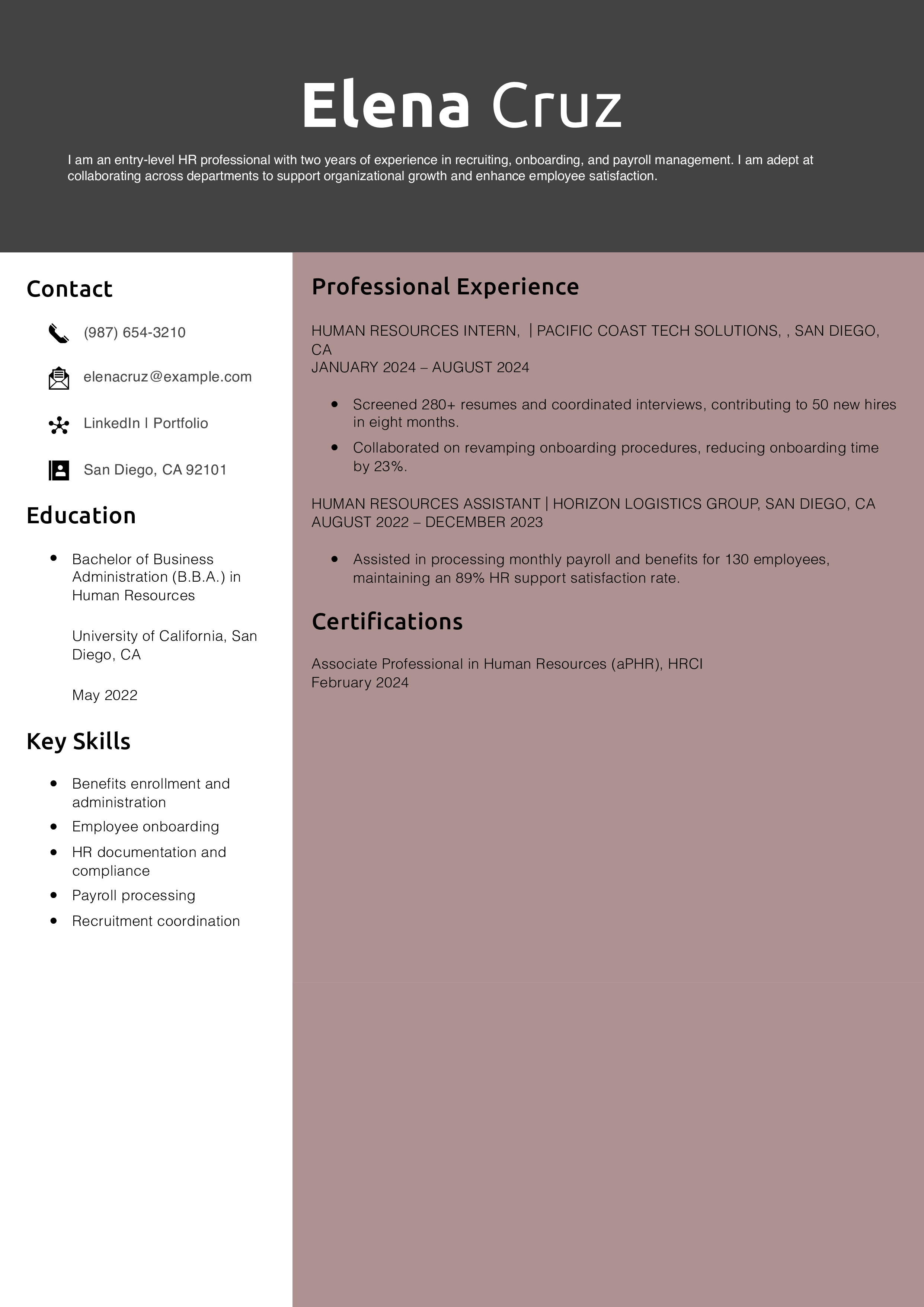 Entry-Level HR Generalist Resume Example