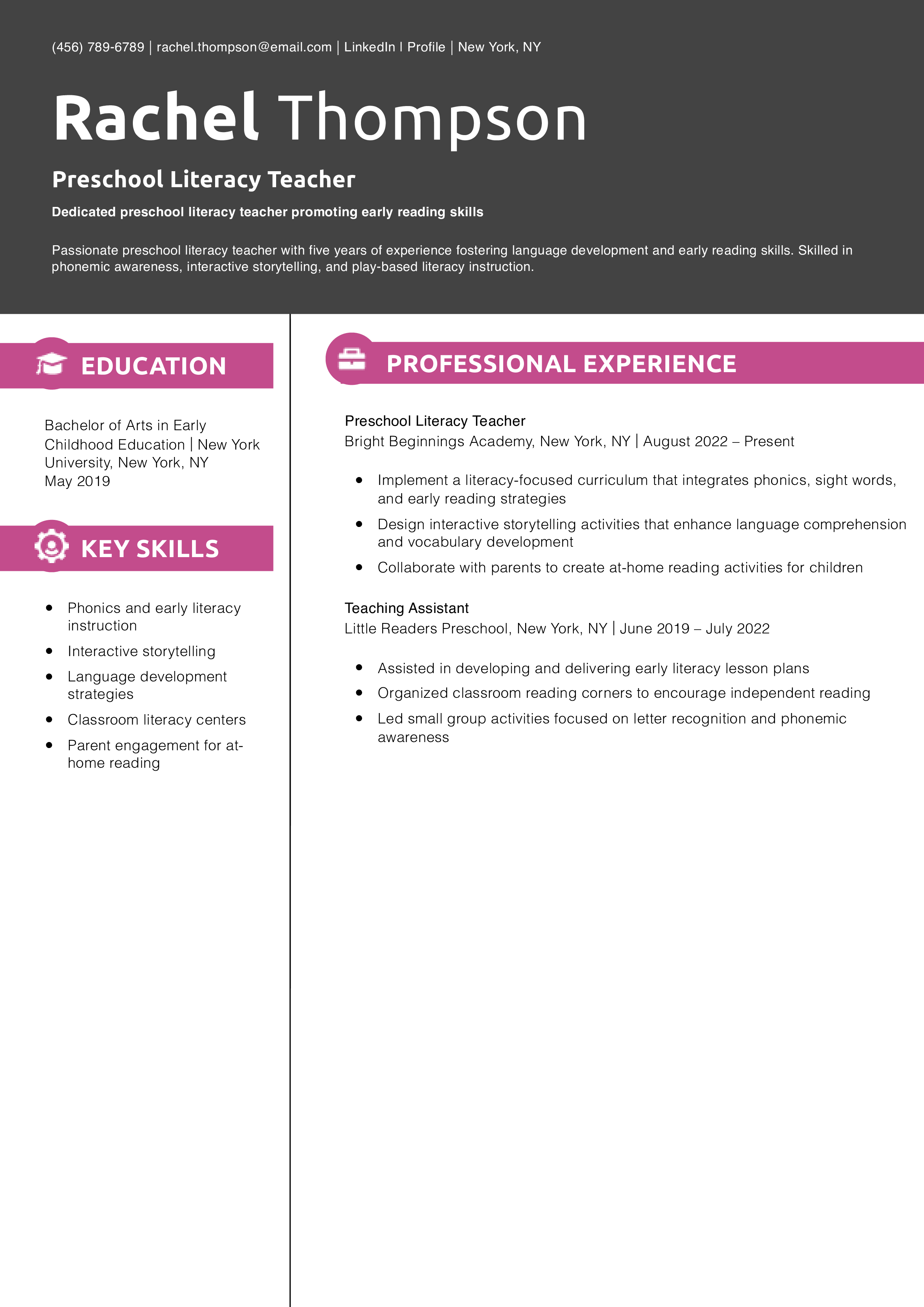 Preschool Literacy Teacher Resume