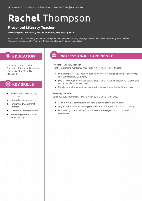 Preschool Literacy Teacher Resume