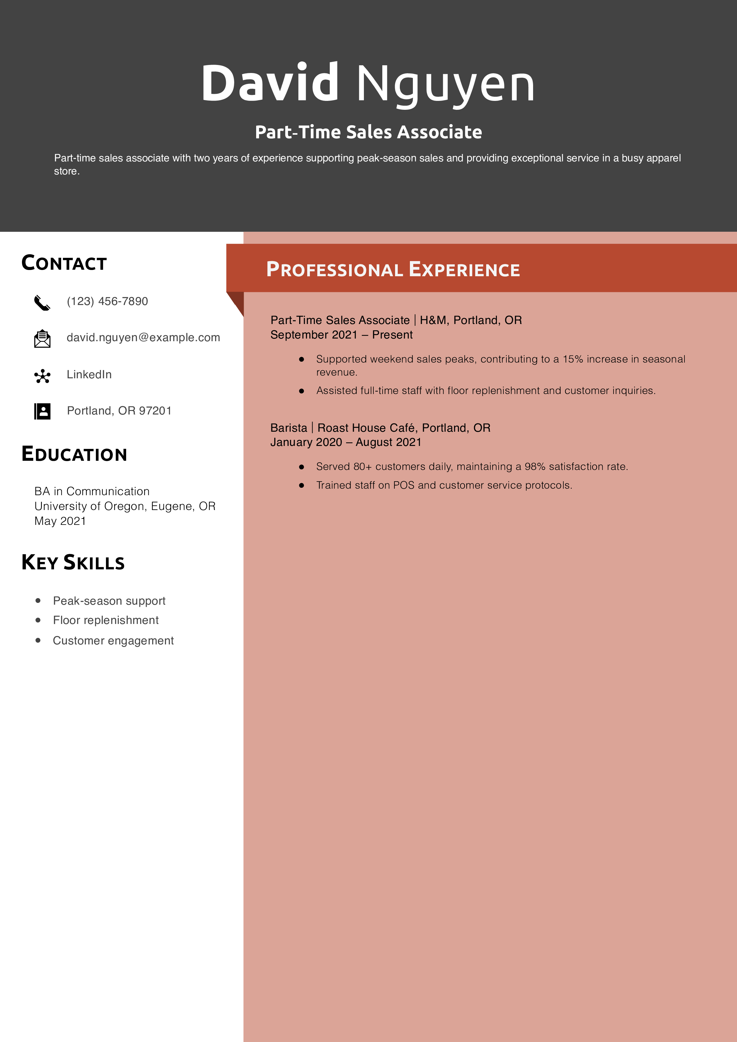 Part Time Sales Associate Resume Example