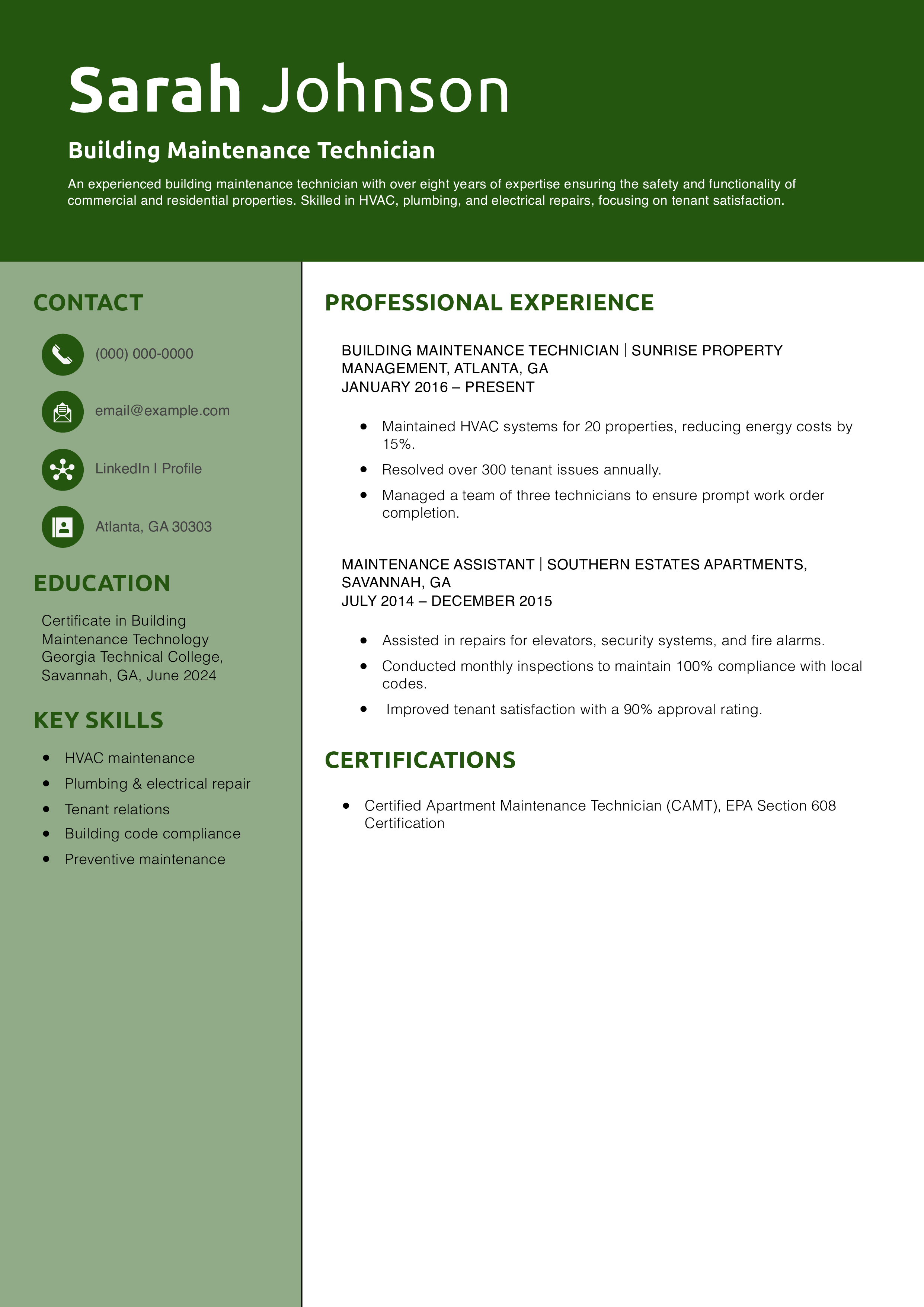 Building Maintenance Technician Resume Example