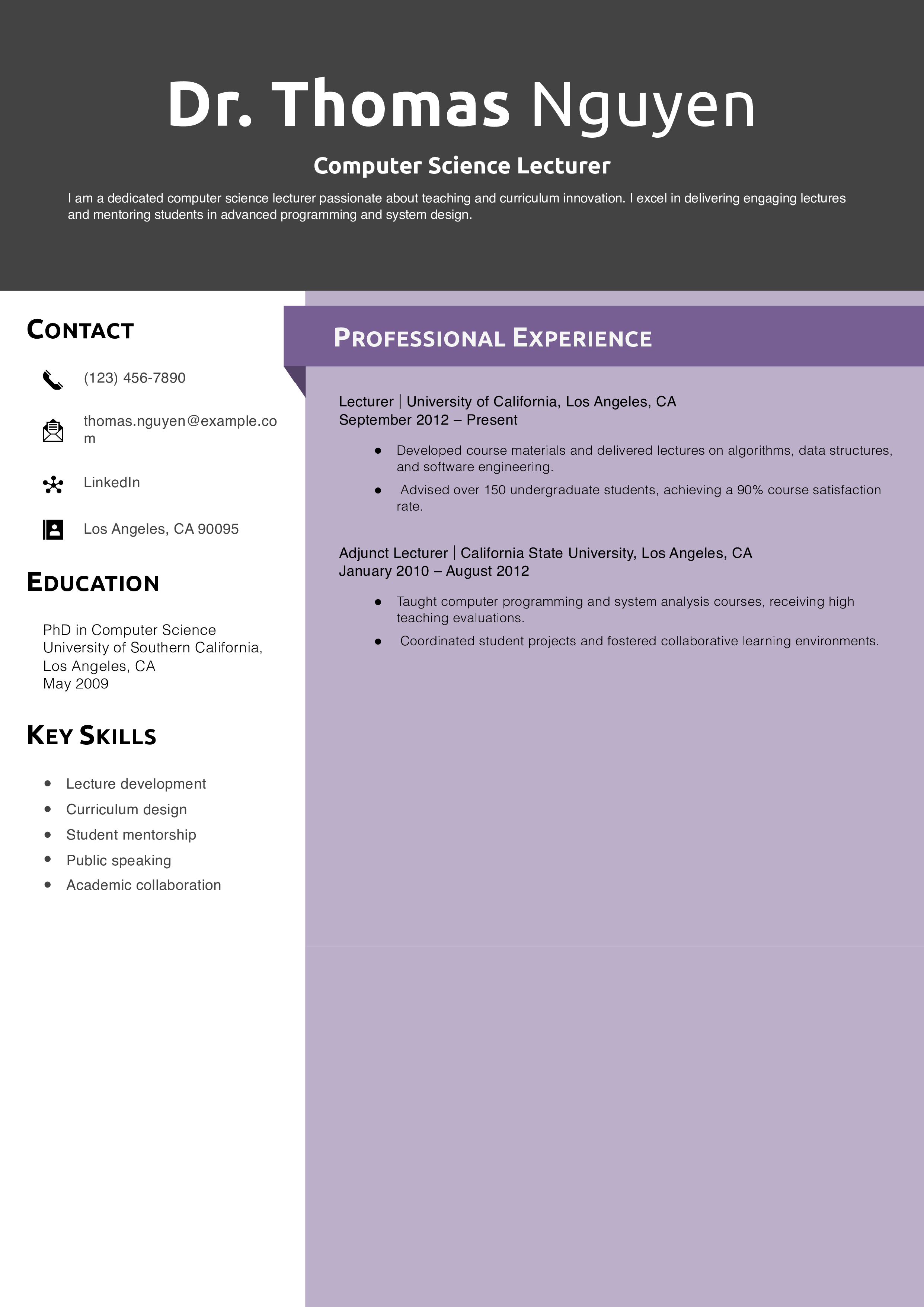 Computer Science Lecturer Resume Example