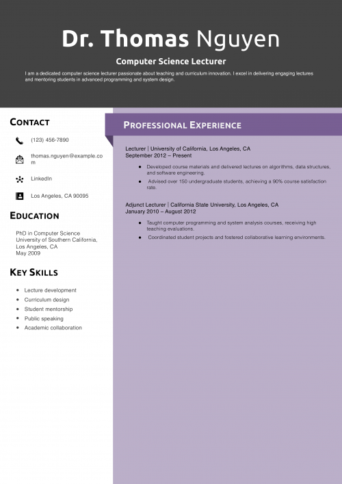 Computer Science Lecturer Resume Example