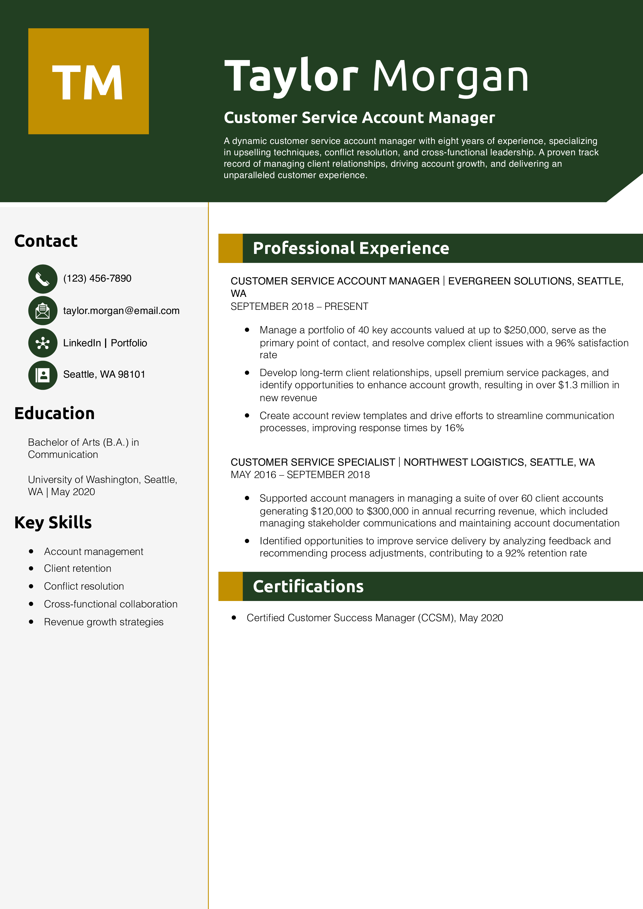 Customer Service Account Manager Resume Example