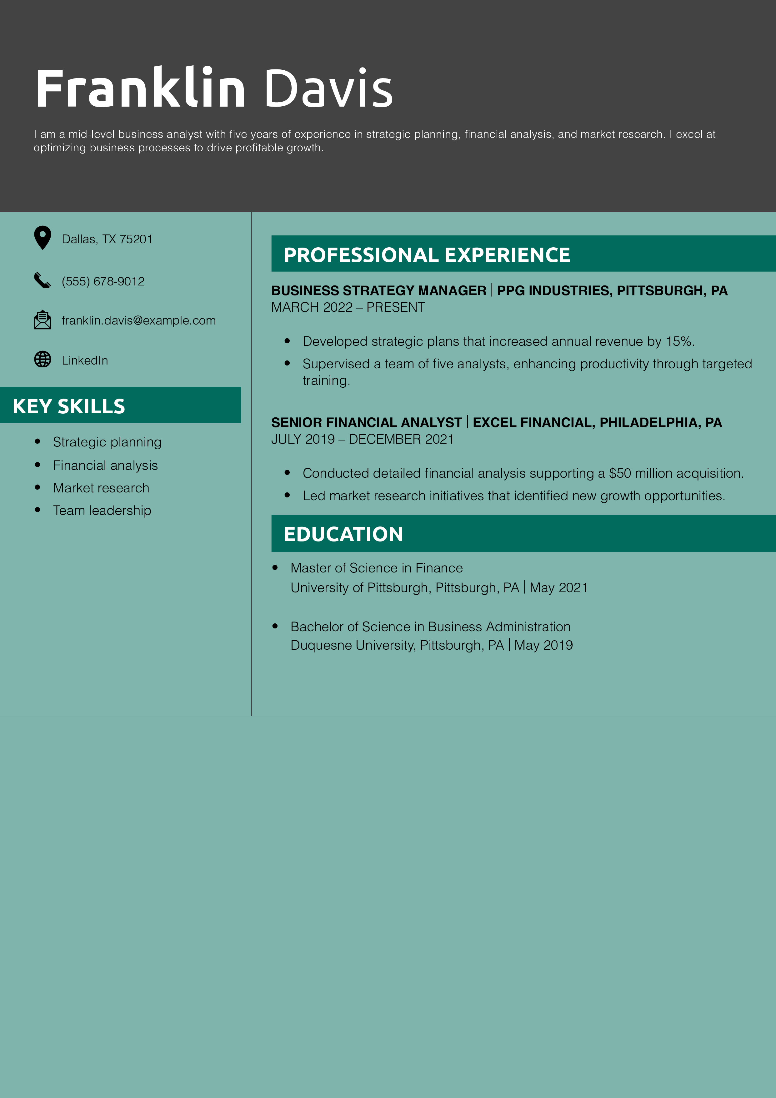 Mid-Level Business Analyst Resume Example