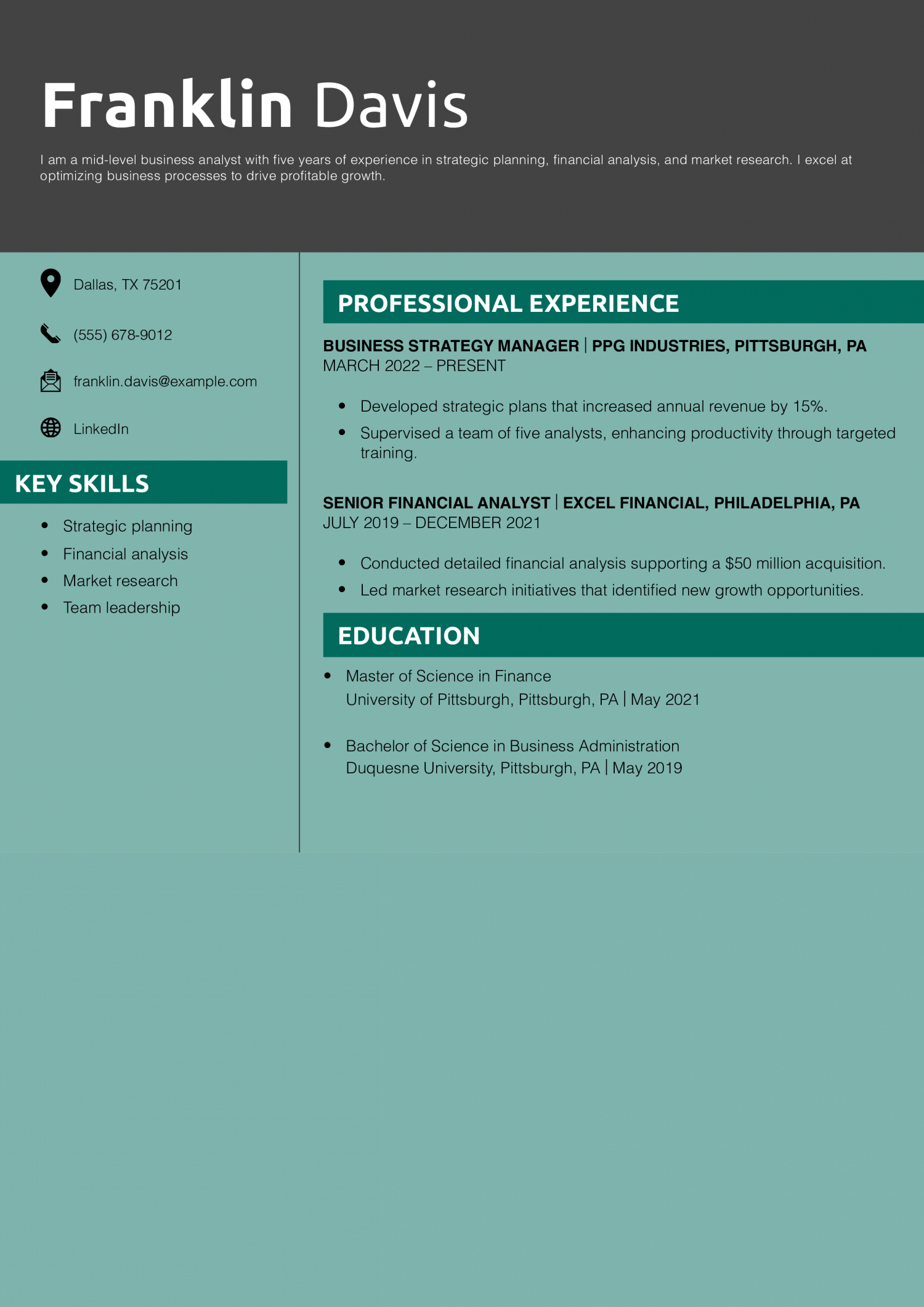 Mid-Level Business Analyst Resume Example
