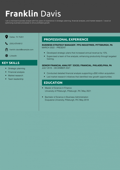 Mid-Level Business Analyst Resume Example