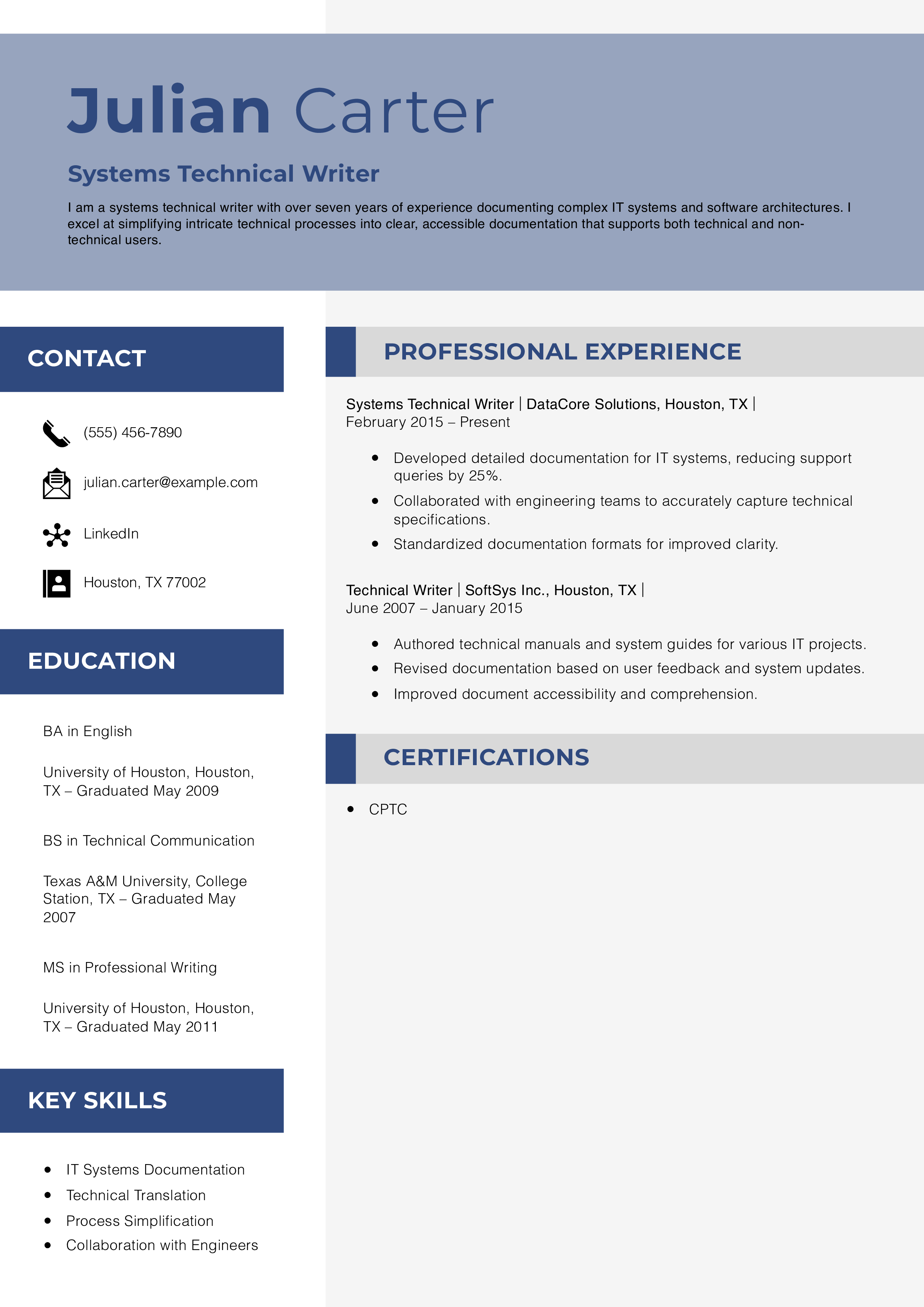 Systems Technical Writer Resume Example