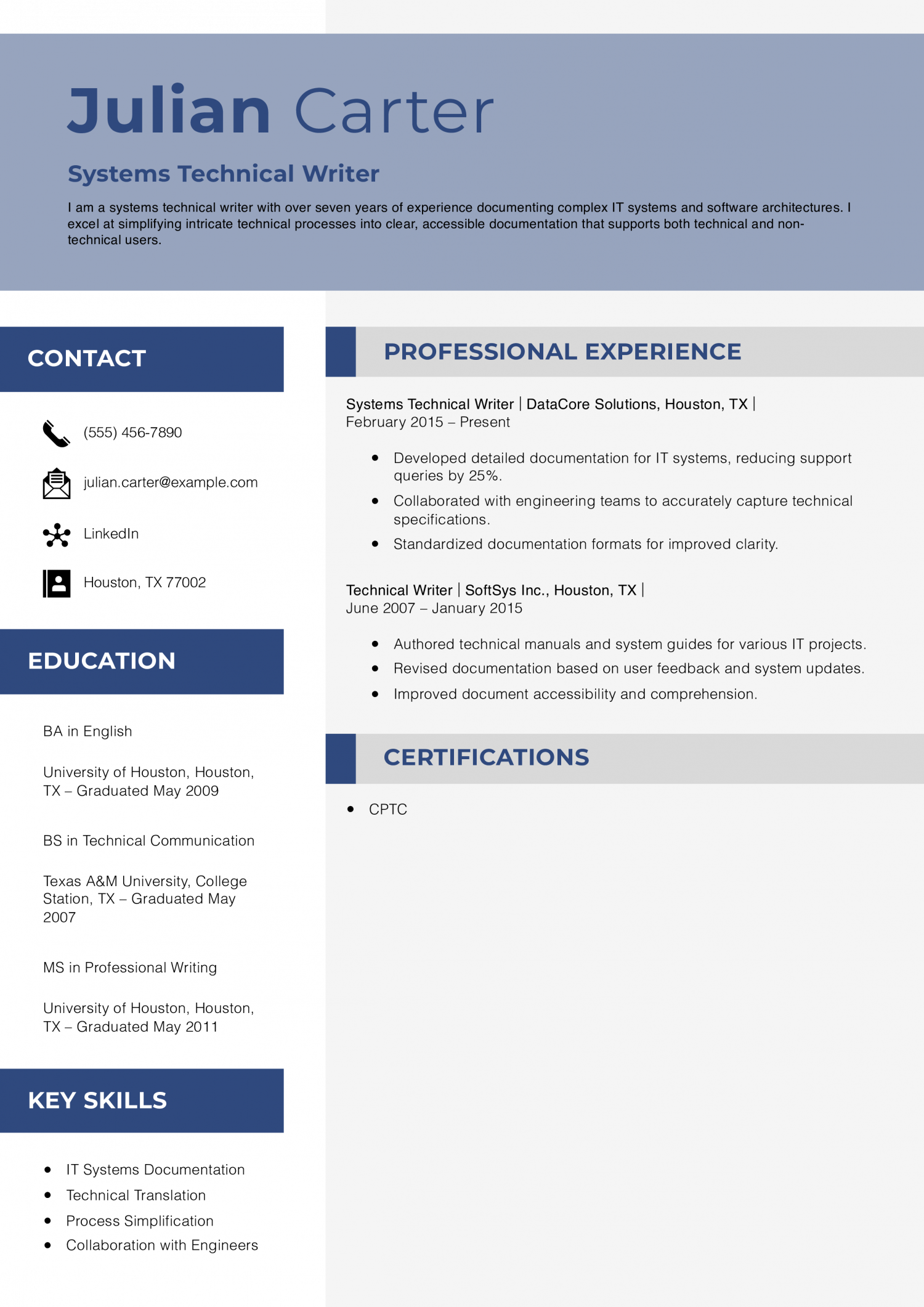 Systems Technical Writer Resume Example