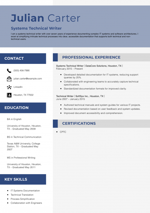 Systems Technical Writer Resume Example