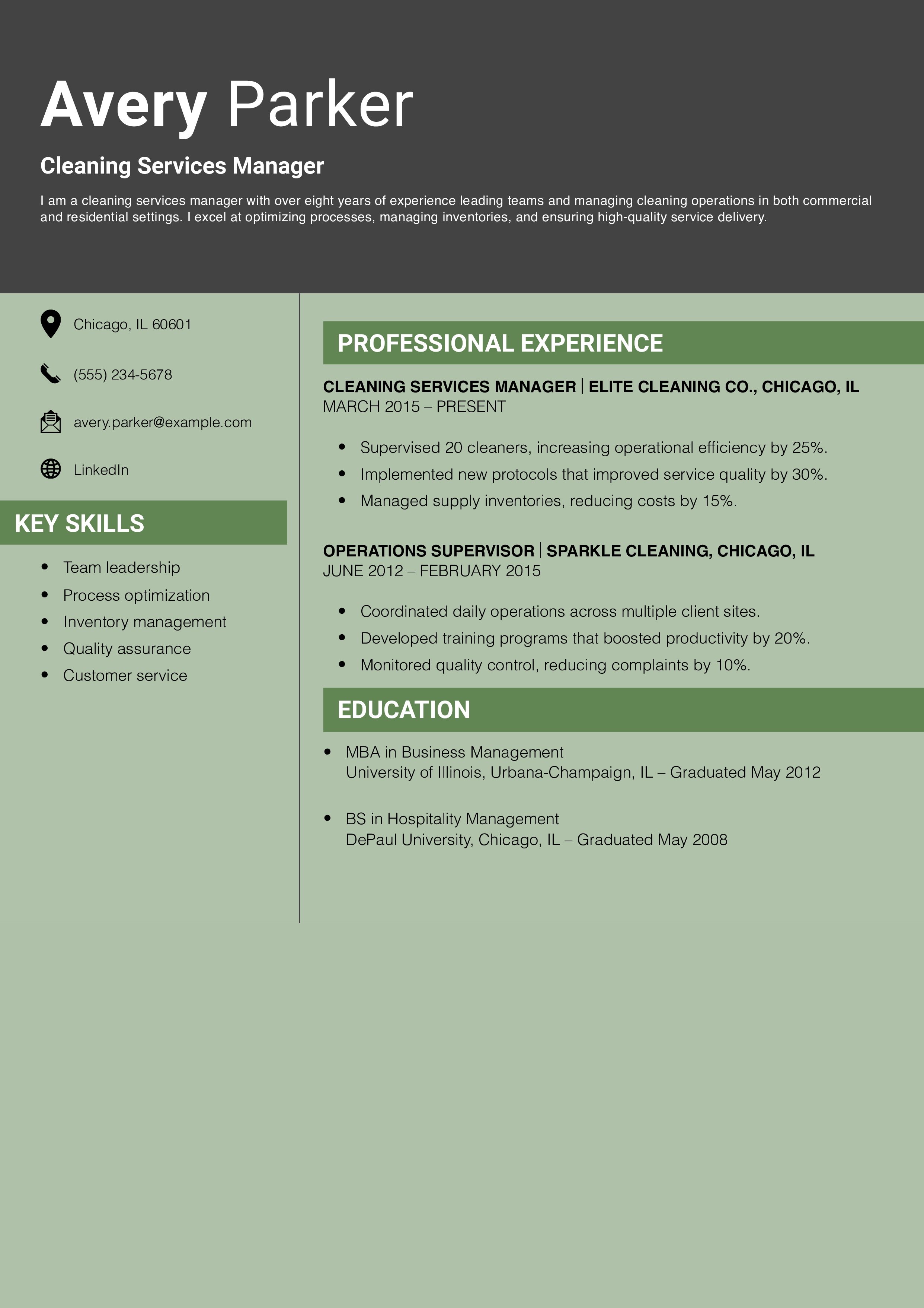 Cleaning Services Manager Resume Example