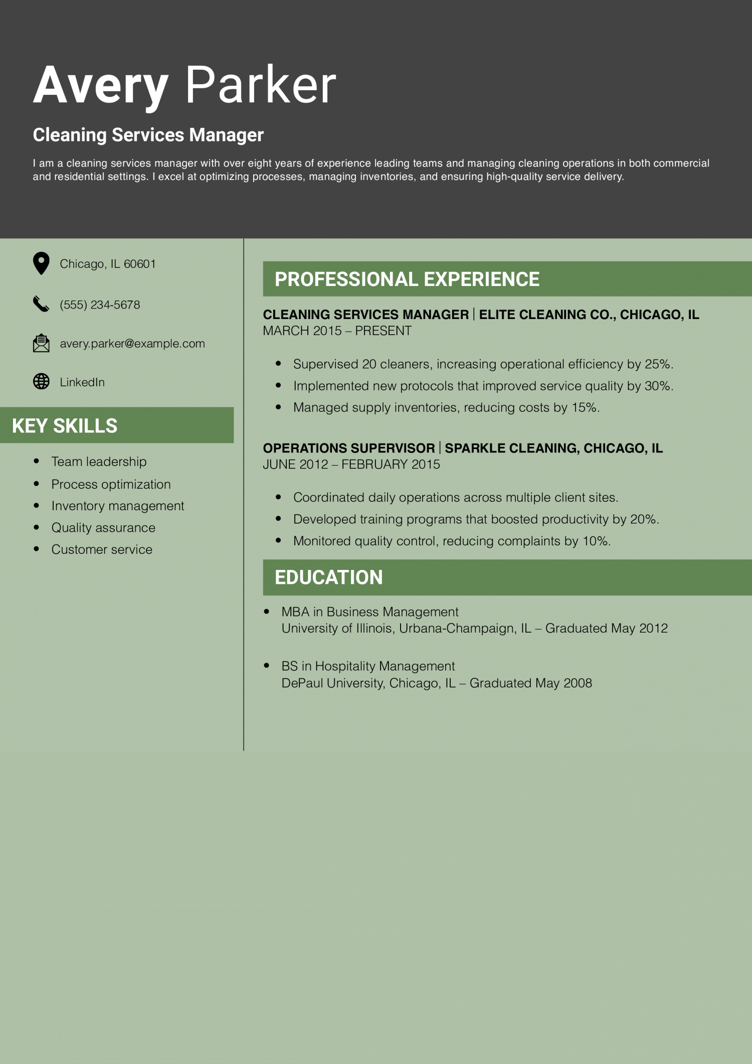 Cleaning Services Manager Resume Example