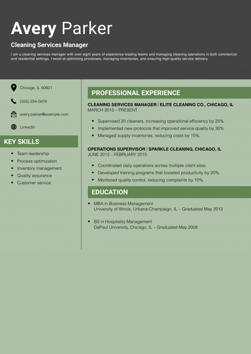 Cleaning Services Manager Resume Example