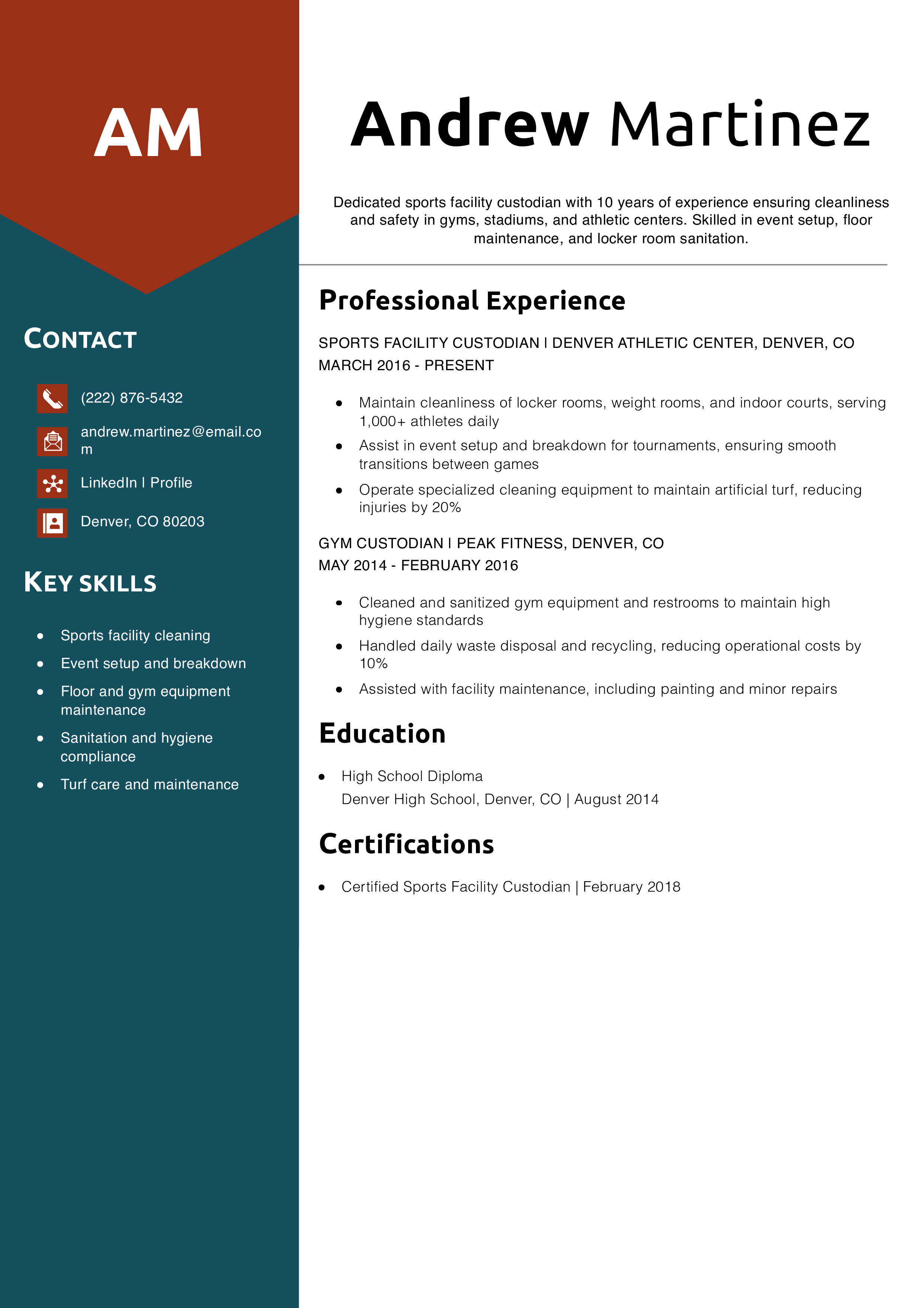 Sports Facility Custodian Resume Example