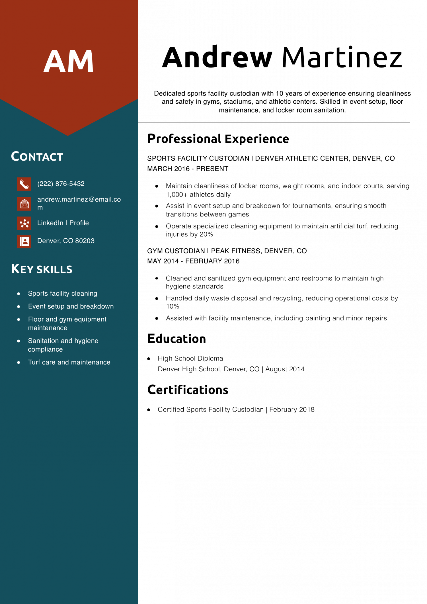 Sports Facility Custodian Resume Example