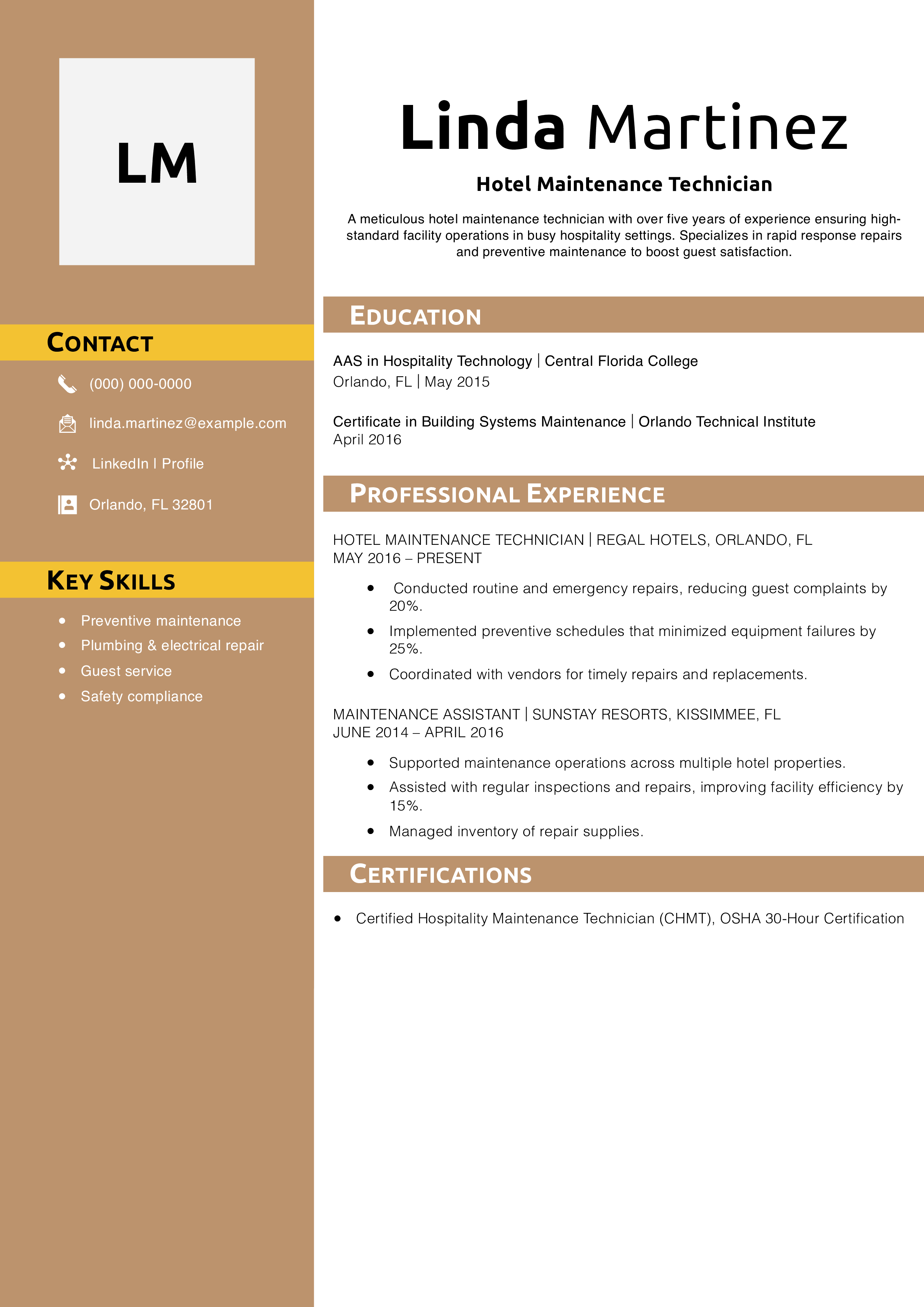 Hotel Maintenance Technician Resume Example