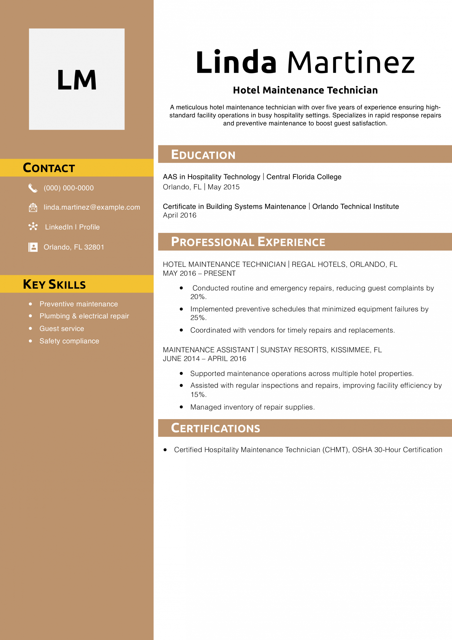 Hotel Maintenance Technician Resume Example