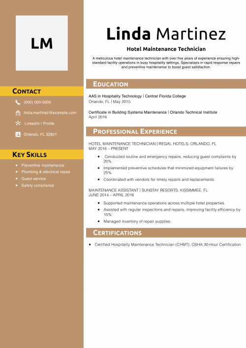 Hotel Maintenance Technician Resume Example