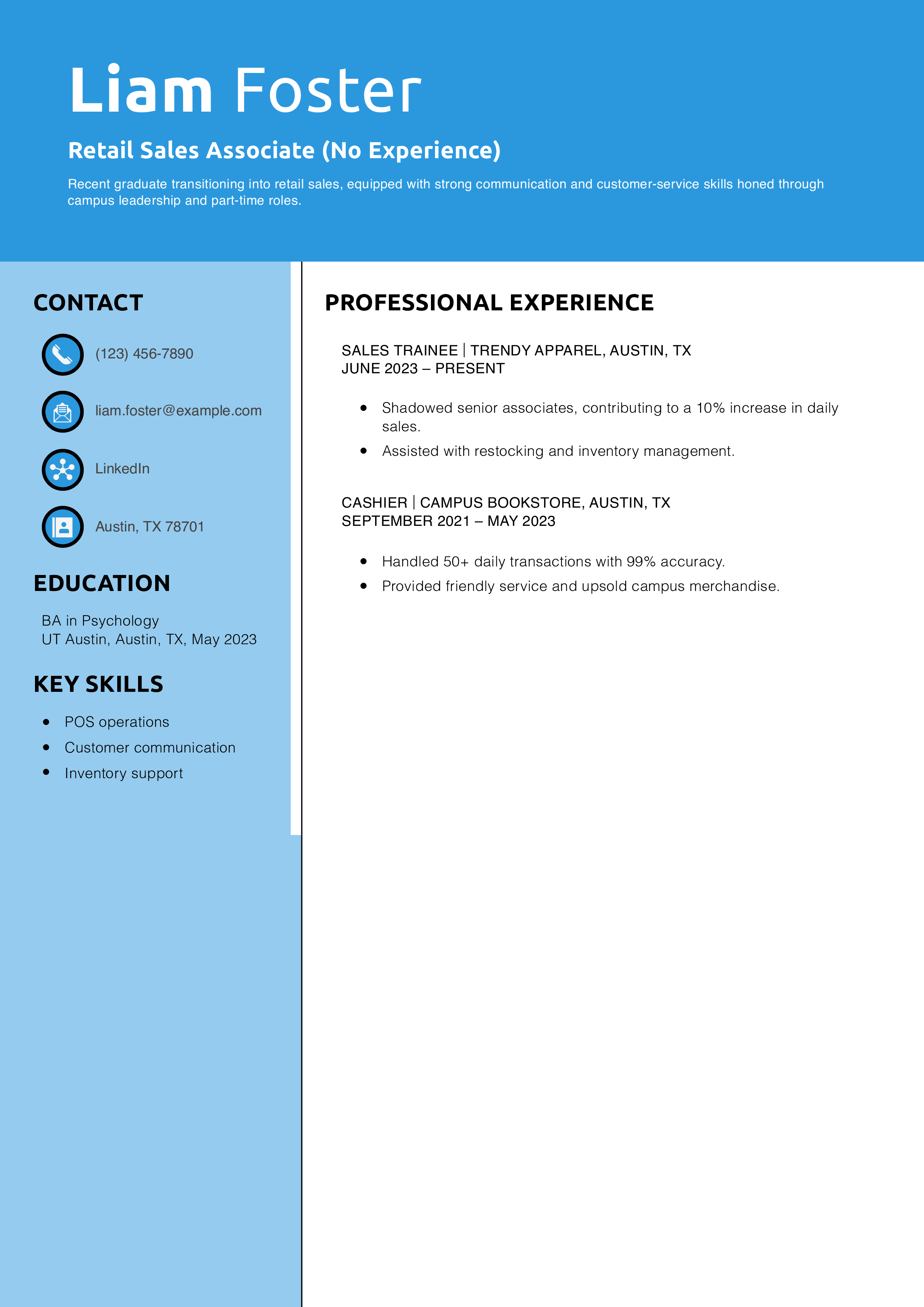 Retail Sales Associate (No Experience) Resume Example