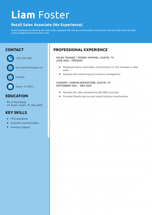 Retail Sales Associate (No Experience) Resume Example