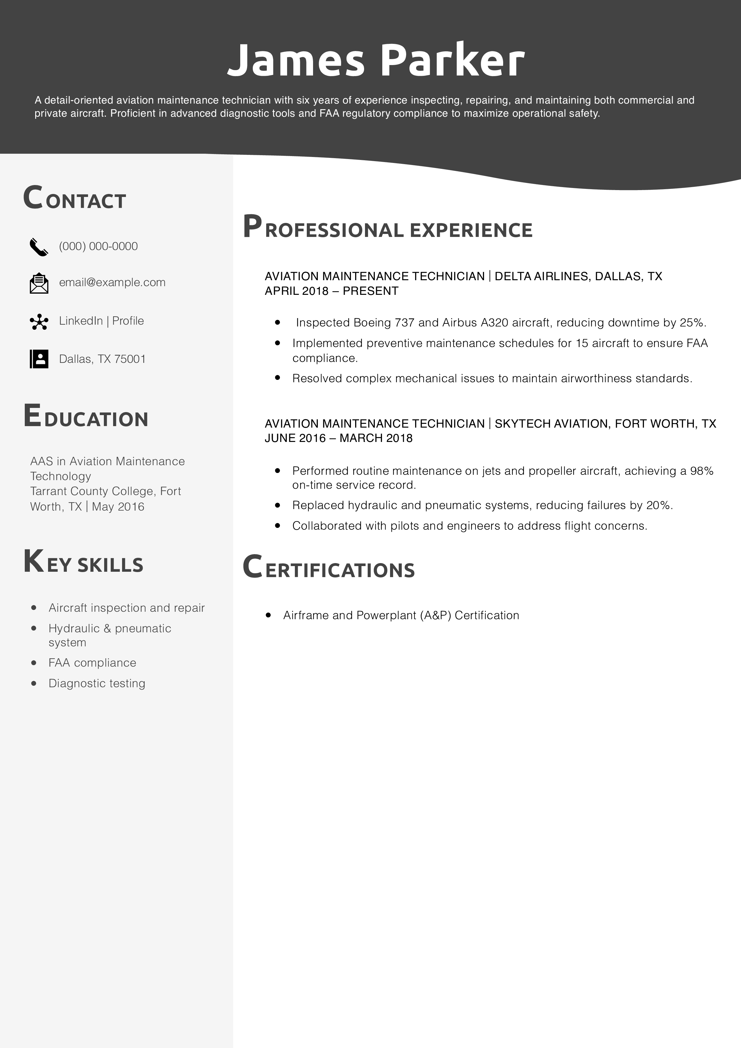 Aviation Maintenance Technician Resume Example