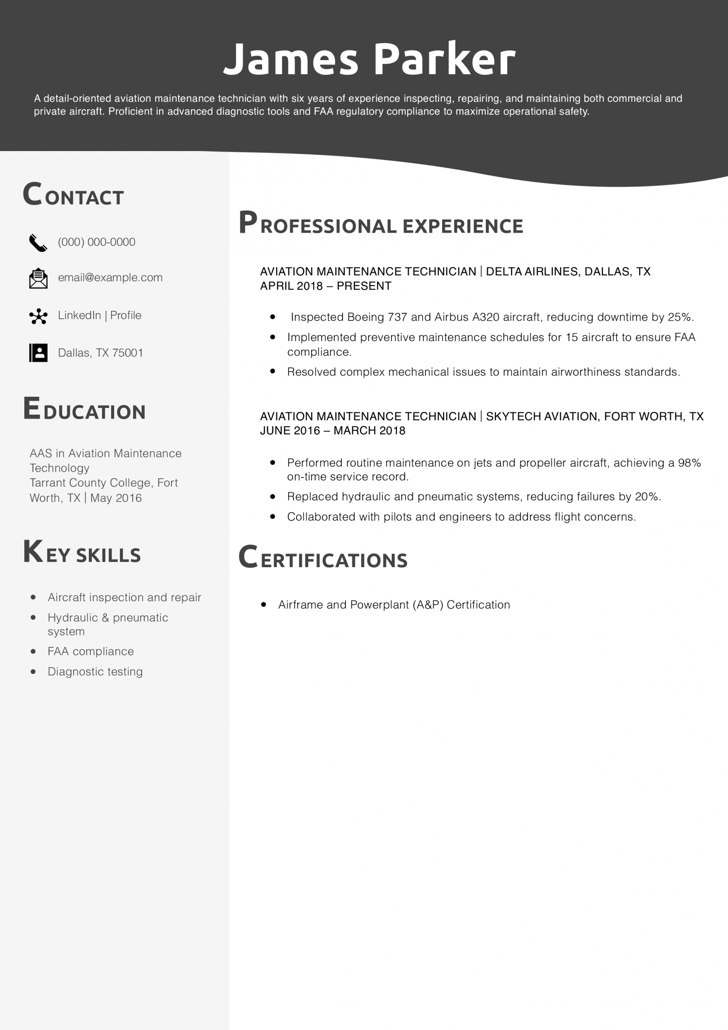Aviation Maintenance Technician Resume Example