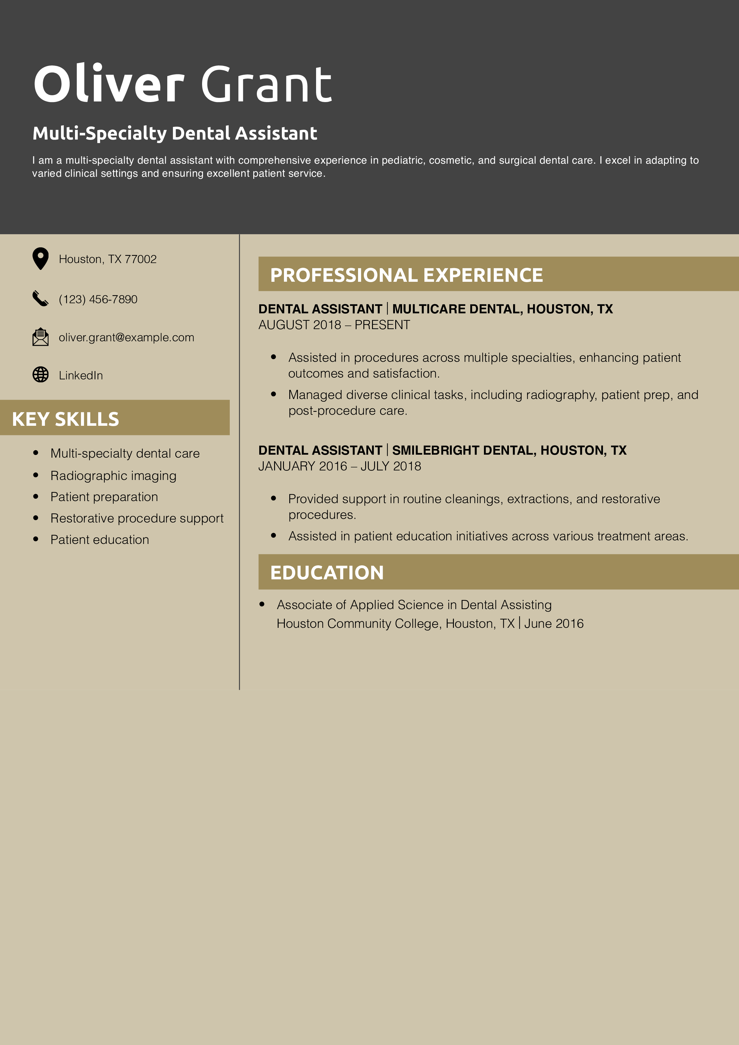 Multi-Specialty Dental Assistant Resume Example