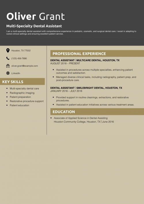Multi-Specialty Dental Assistant Resume Example
